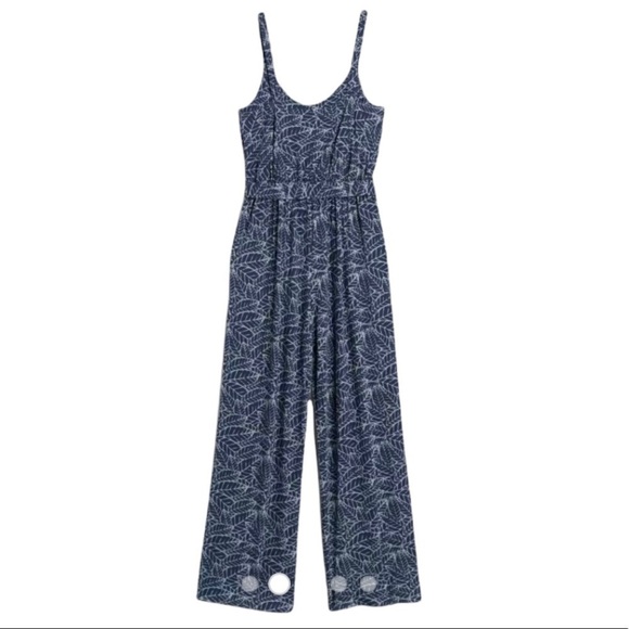 Market & Spruce Florence Knit Jumpsuit Leaf Print Blue NWT - Picture 4 of 16